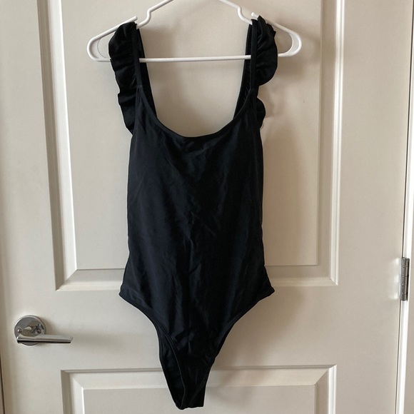Black Ruffle Trim One Piece Swimsuit - Picture 5 of 8
